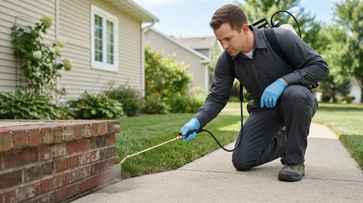 Pest control technician treating a home near Voluntown, CT