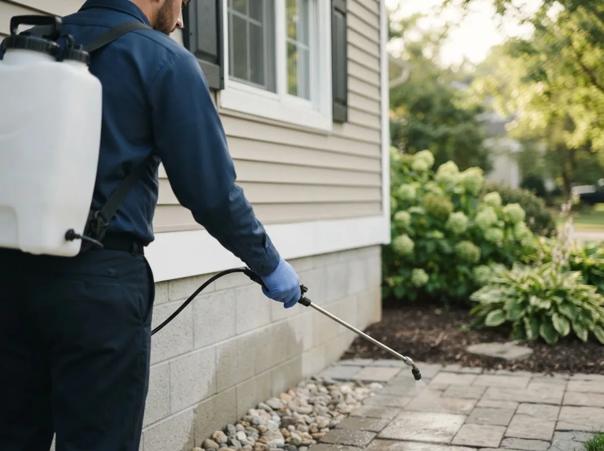 Pest control technician inspecting a home in Voluntown, CT